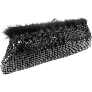 ⚡ Women's Black Fur Trim Floral Metal Kiss Lock Evening Clutch Bag